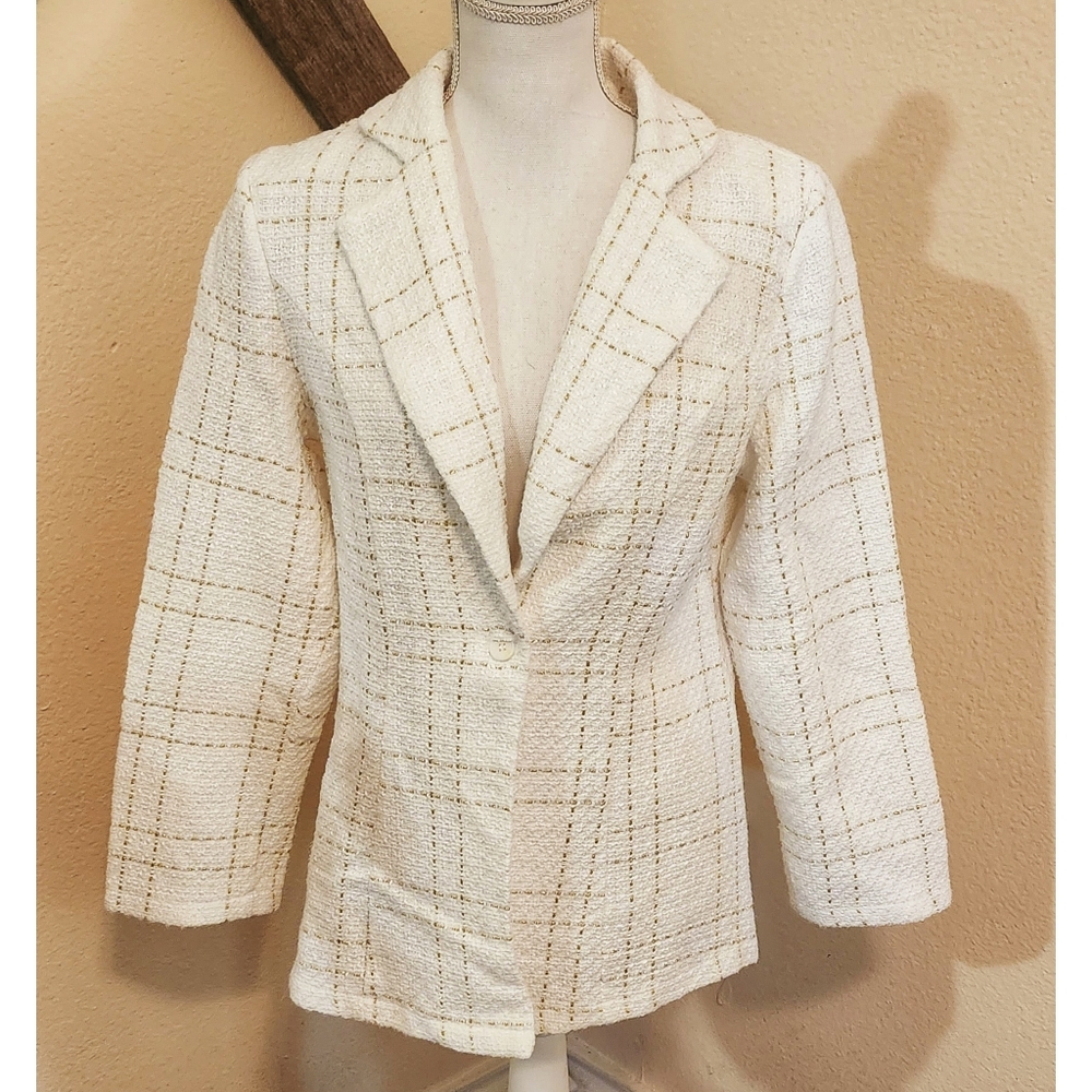 Shein Elegant White & Gold Tweed Women's Blazer Size XL